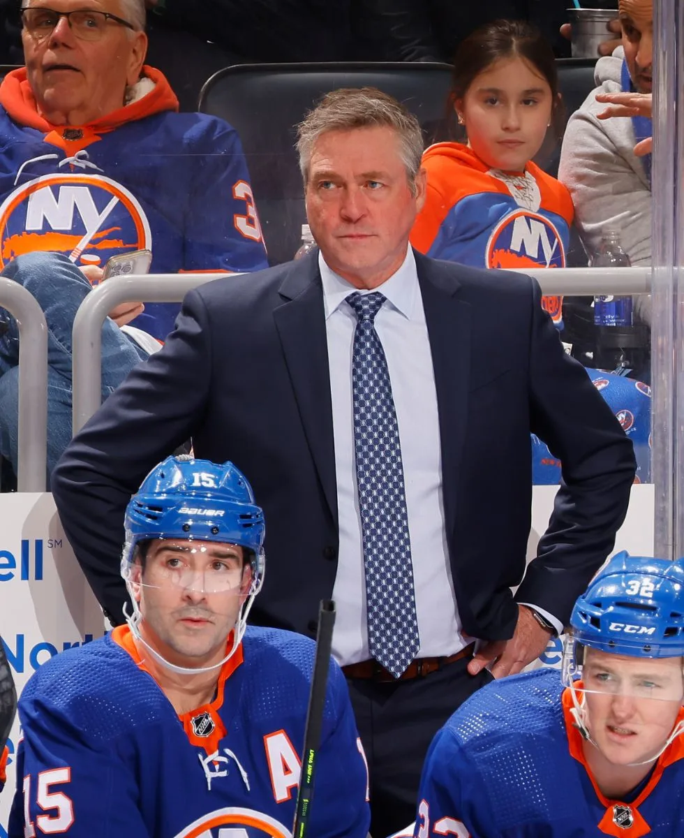 Head coach Patrick Roy of the New York Islanders handles bench duties in his first game